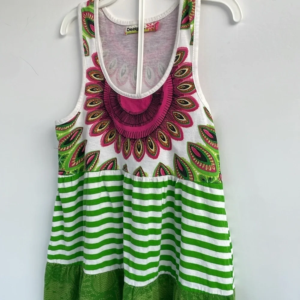 Desigual Girls Cotton Dress with Green and Pink Patterns 11/12